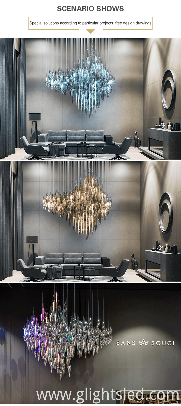 New product customizable luxury hotel lobby modern project chandelier pendant lights